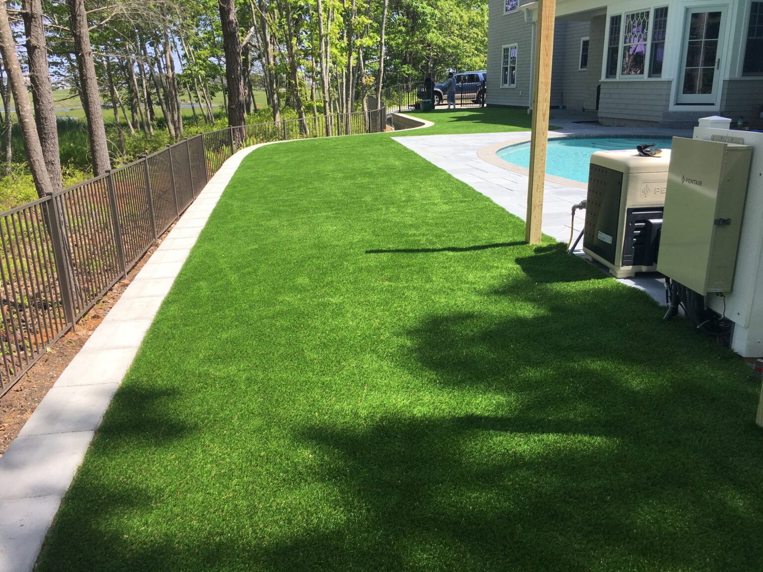 Backyard Pool Deck Patio Turf Install in Wells, ME Northeast